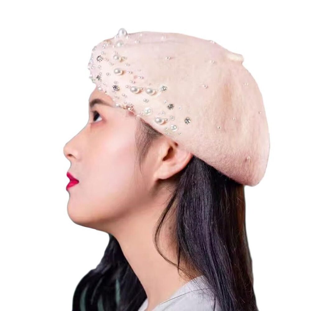 1946 Women Girls Beaded Pearl Rhinestone Wool French Beret Hat Winter Artist